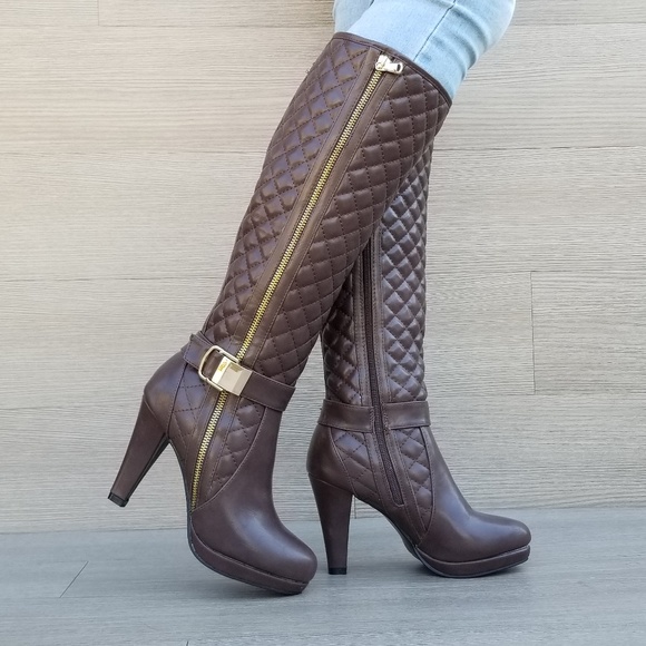 Shoes - Knee High Heel Boots Brown Vegan Leather -T